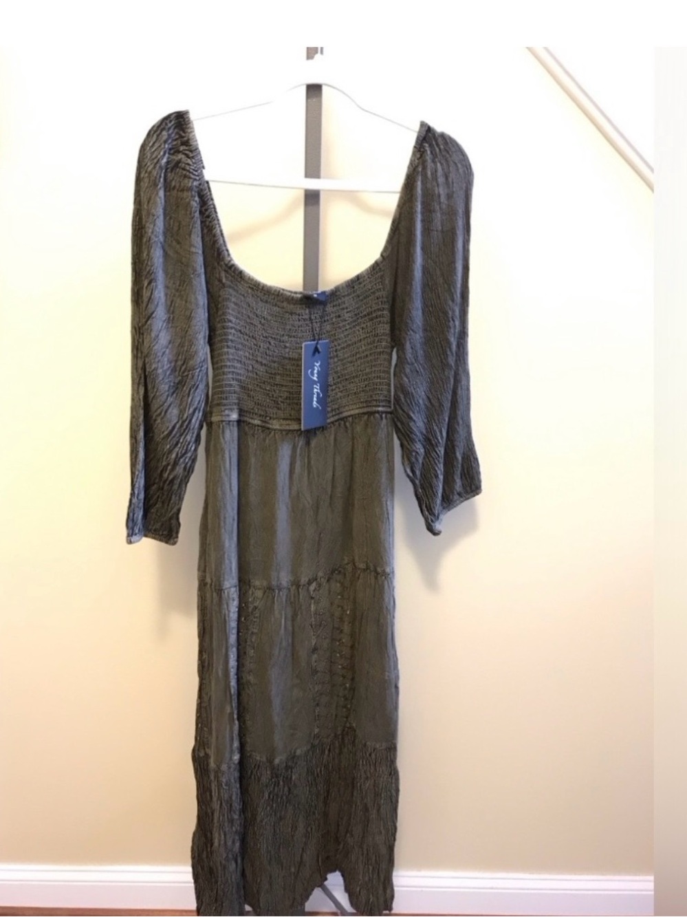Smocked Olive Midi Dress with Puff Sleeves